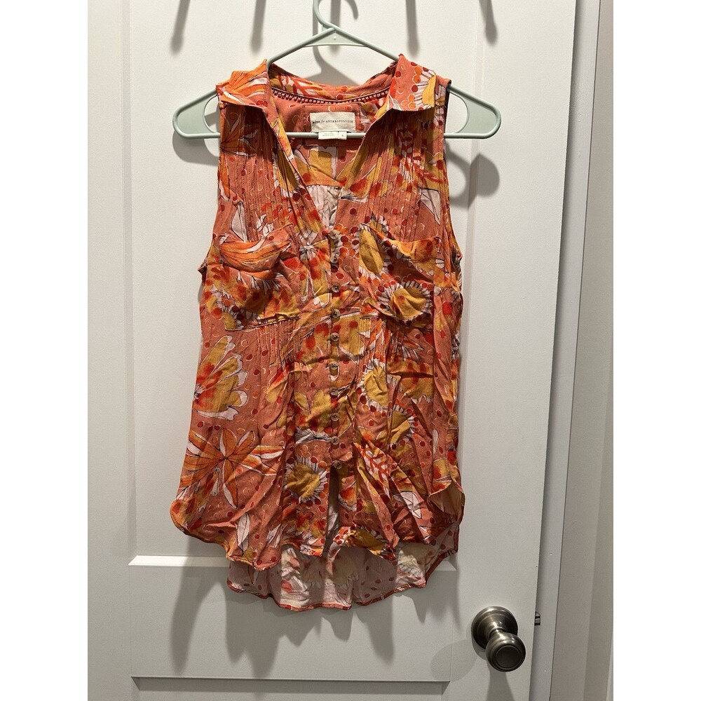 Vera by Anthropologie Pink Floral Collared Button Down Top Sleeveless Small S